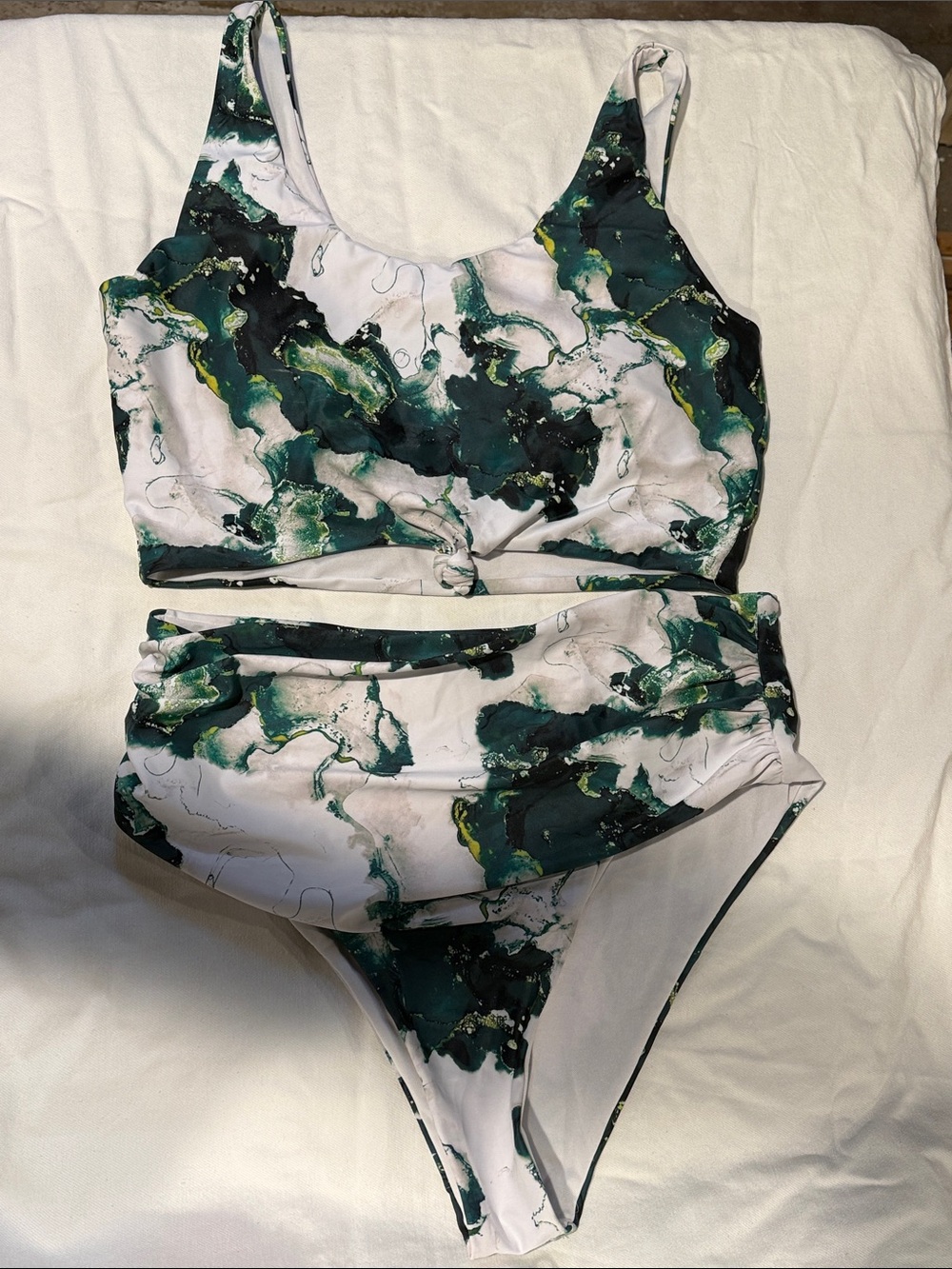 Green Marble Print High-Waist Bikini Set, XL